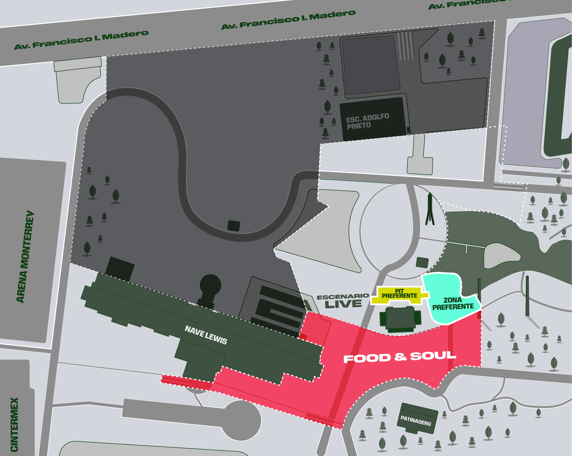 Map of FIFA Fan Festival Monterrey showing the Live Stage, access points, services and zones inside Parque Fundidora.